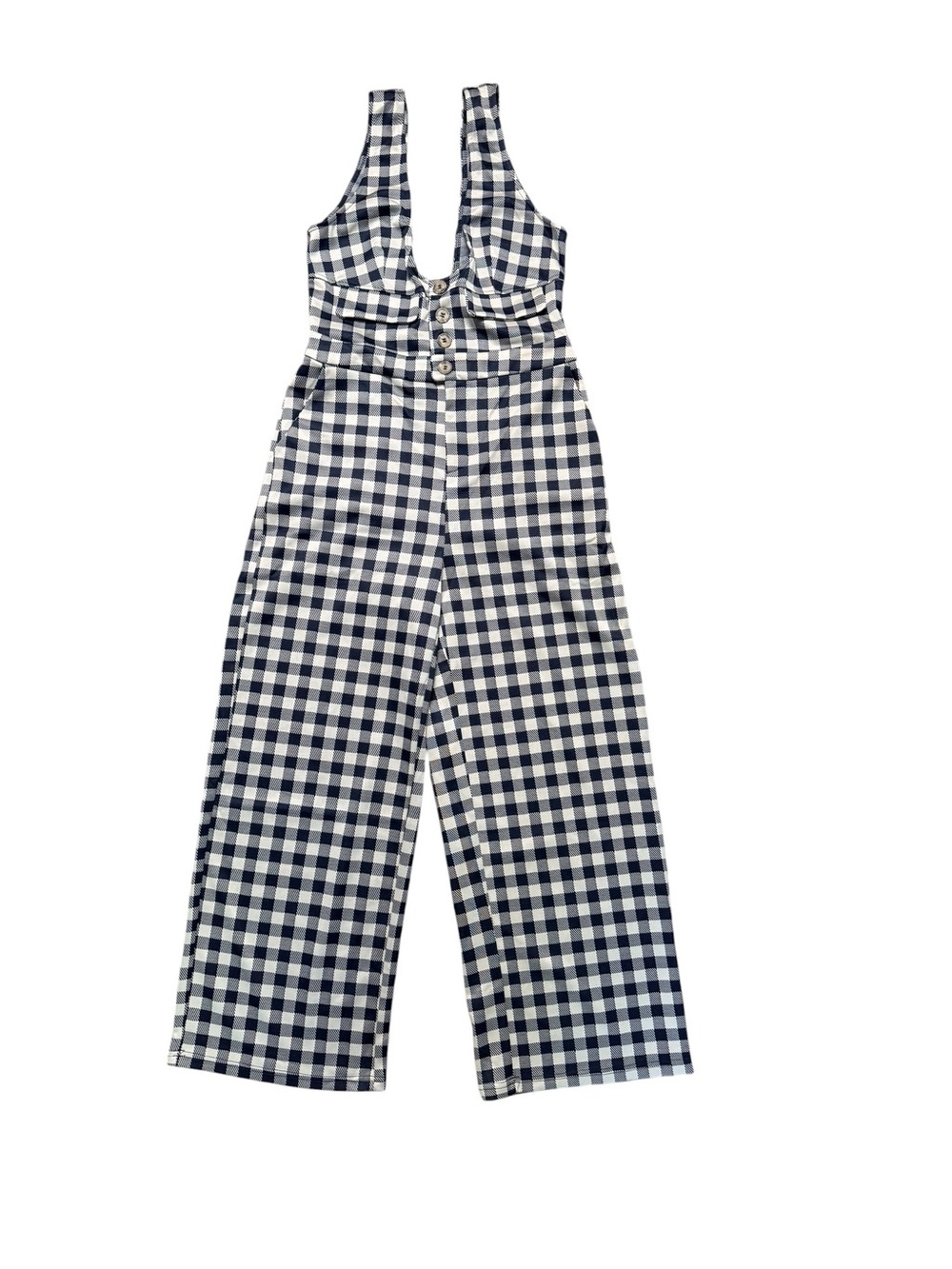 Cider Navy Gingham Wide Leg Jumpsuit Button Front Pockets Size Medium - Picture 2 of 14